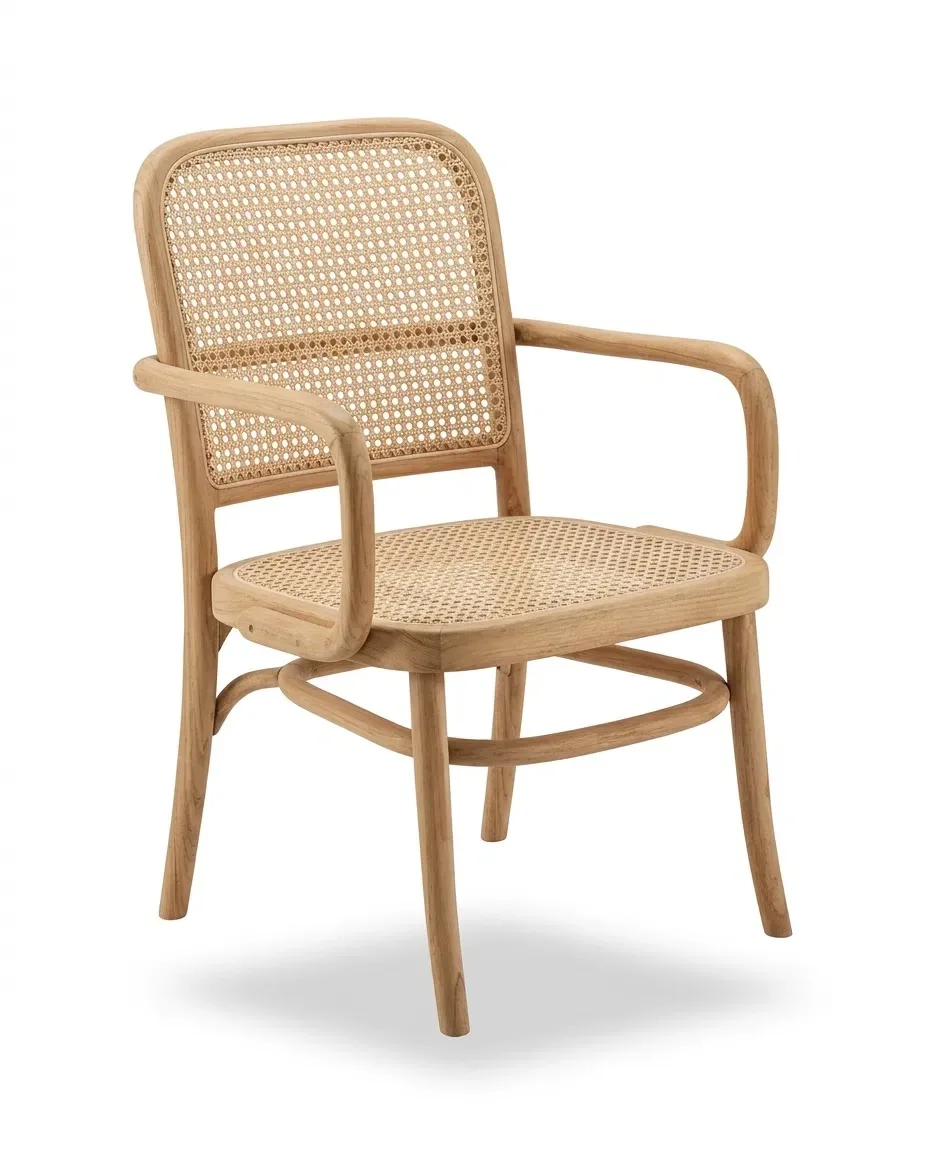 Cane dining armchair with cane seat and ring stretcher, three-quarter view
