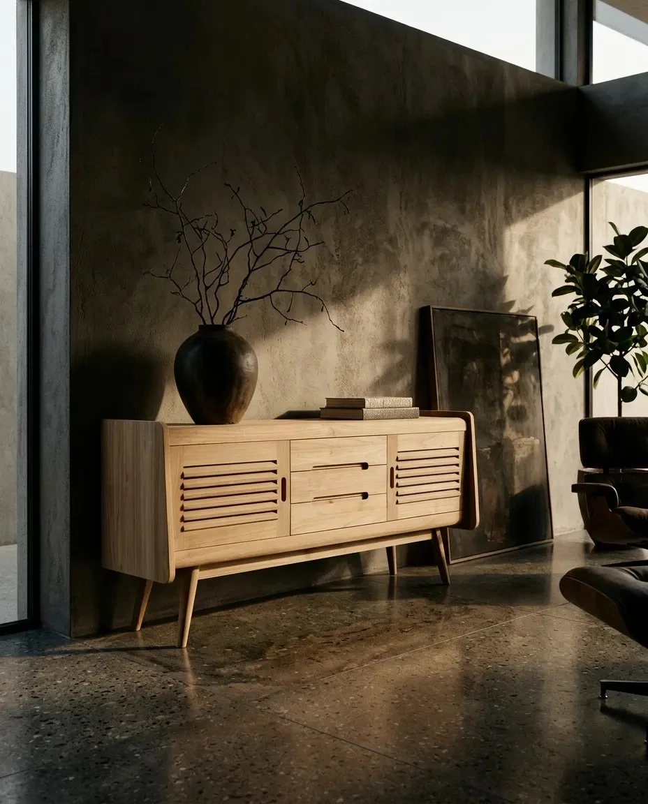 Louvered console cabinet with a dark vase in a dim room
