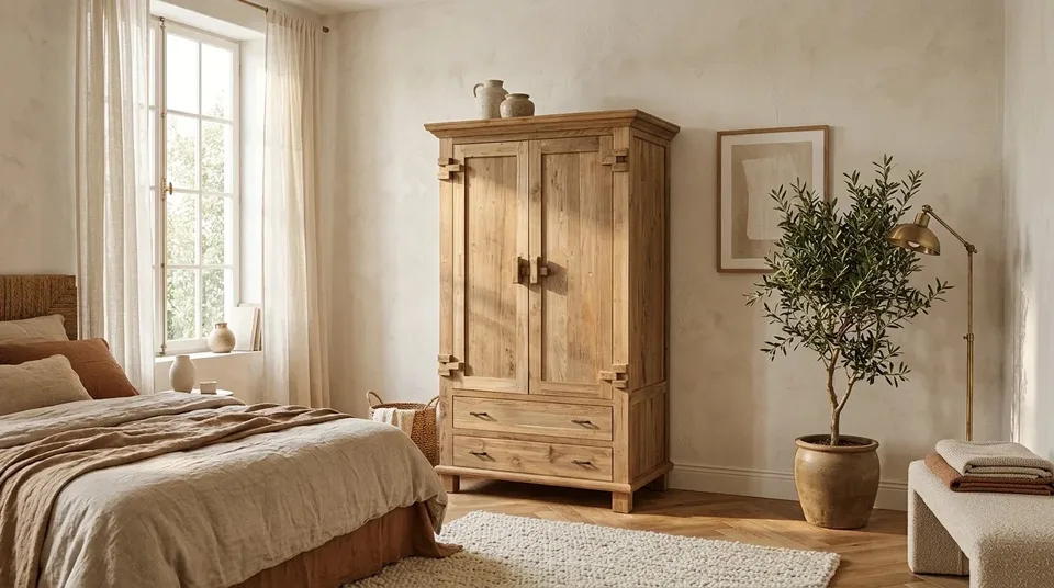 Two-door wardrobe in a bedroom beside a window