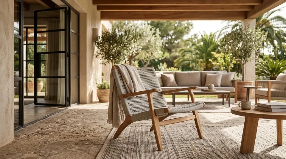 Gray woven armchair with a throw on a covered terrace