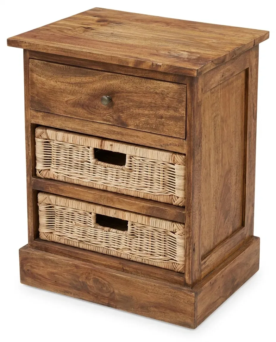 Solid teak nightstand with one drawer and two woven baskets, three-quarter view