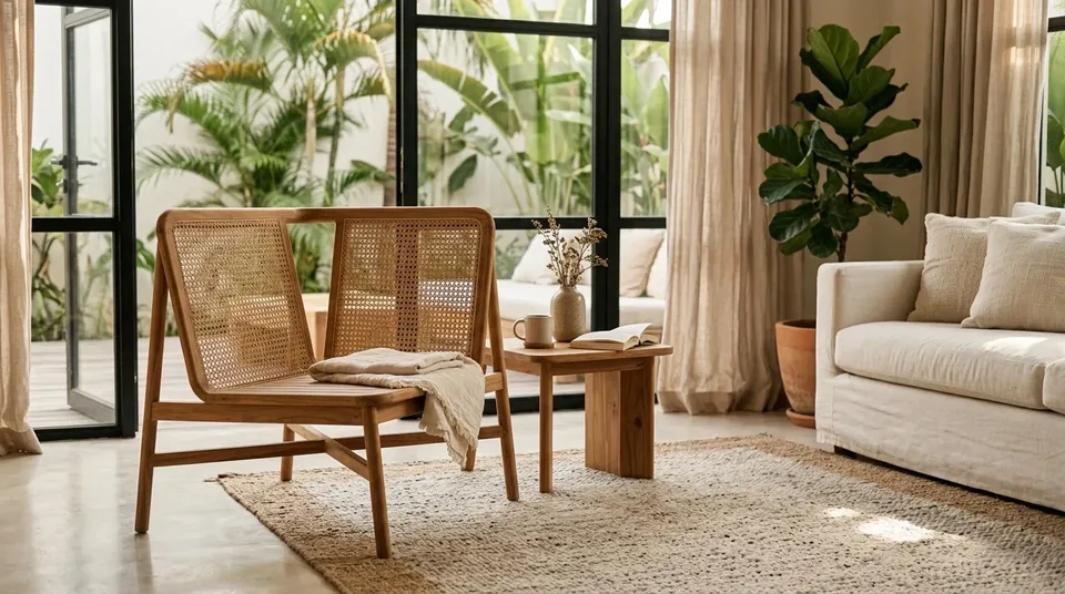 Cane-panel armchair with a throw in a bright living room