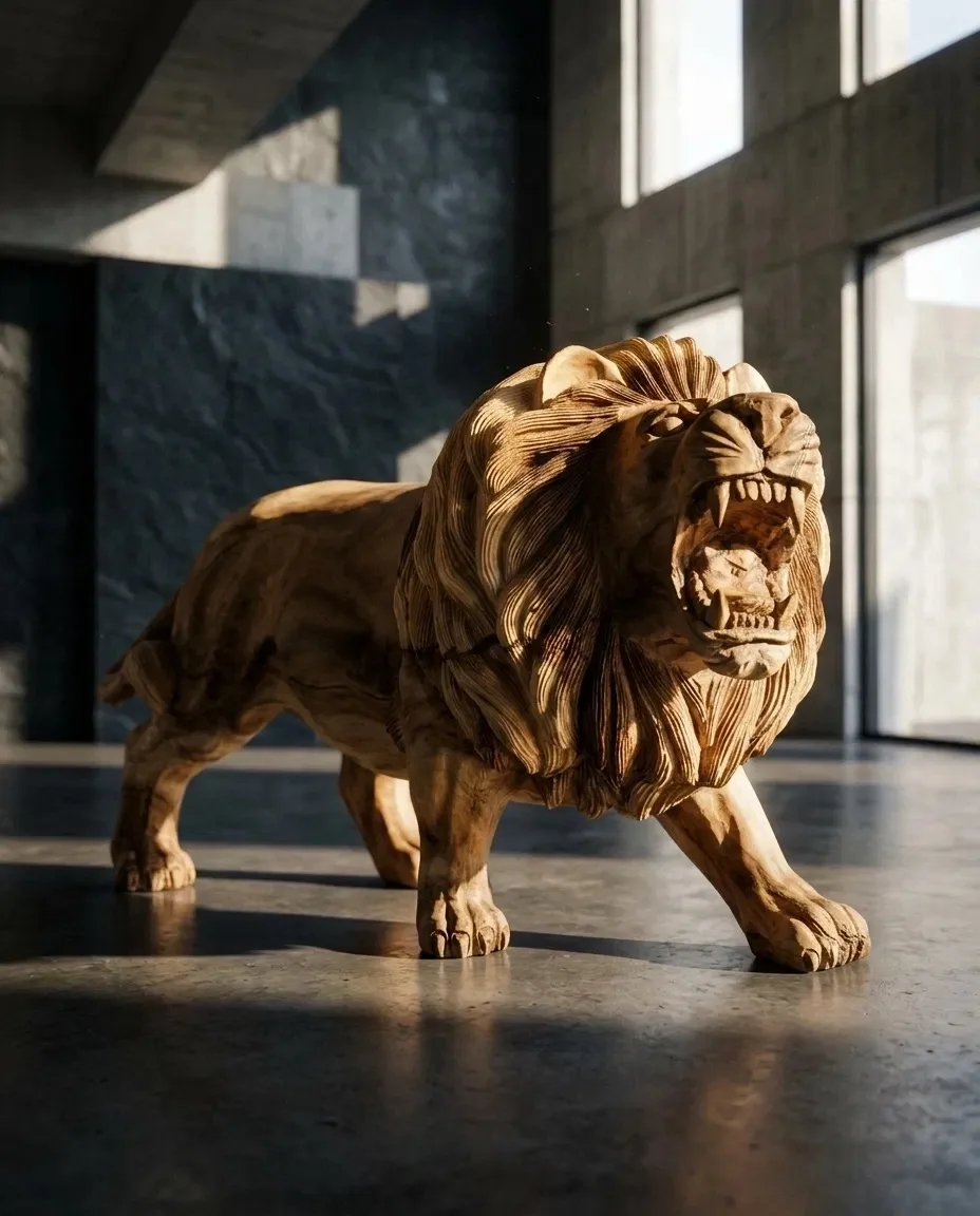 Carved wooden lion on a polished floor in a modern interior