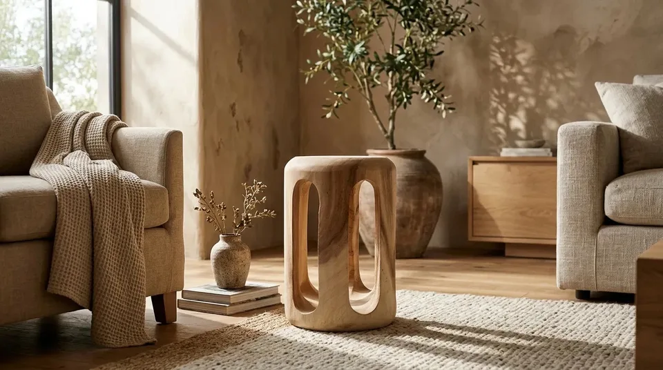 Carved cylinder stool beside a sofa in a living room