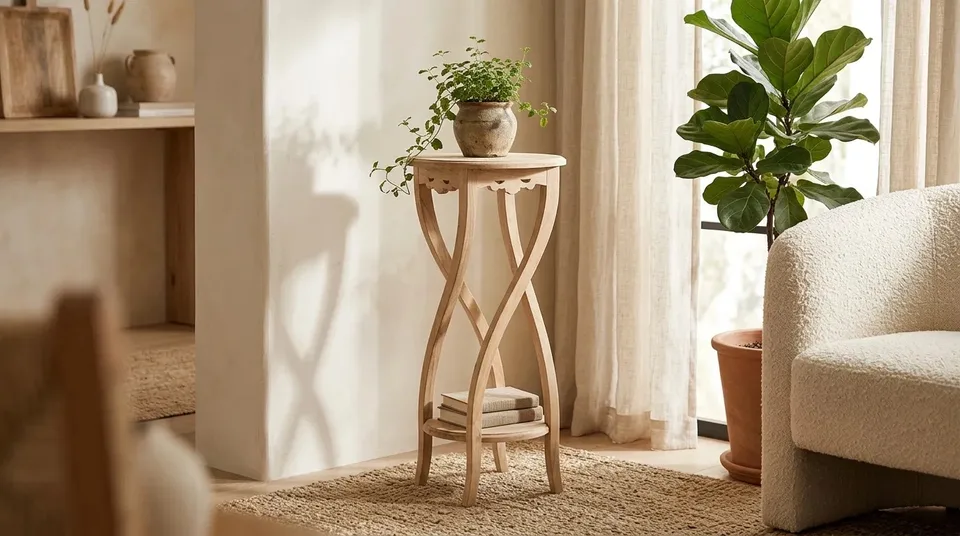 Pedestal table holding a potted plant in a living room