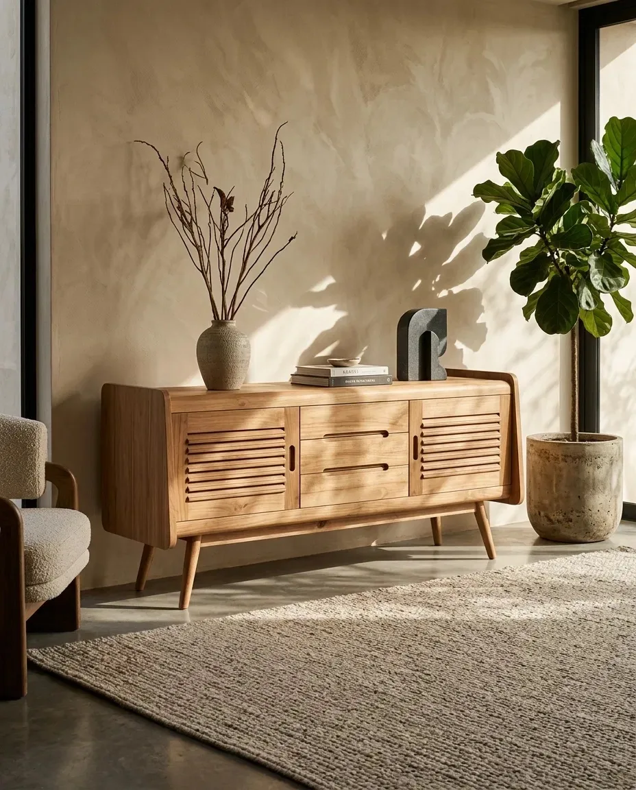 Louvered sideboard with a vase and plant on a woven rug