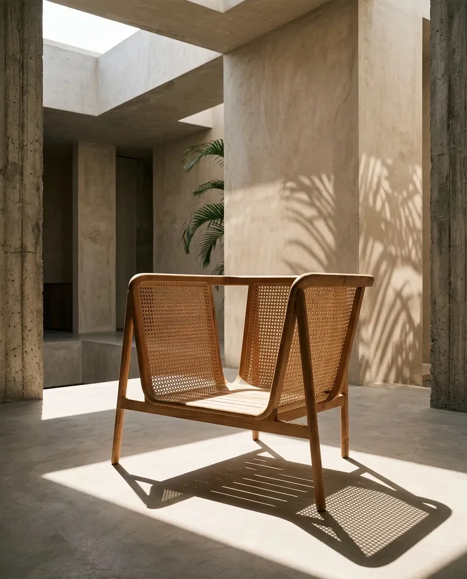 Cane-panel armchair in a concrete courtyard with sunlight