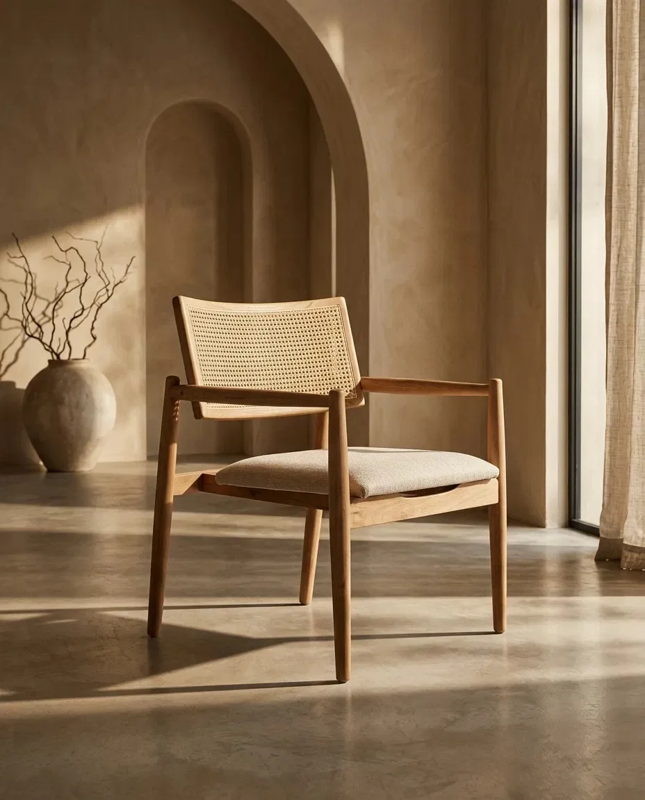 Cane-back dining armchair in an arched room with warm light