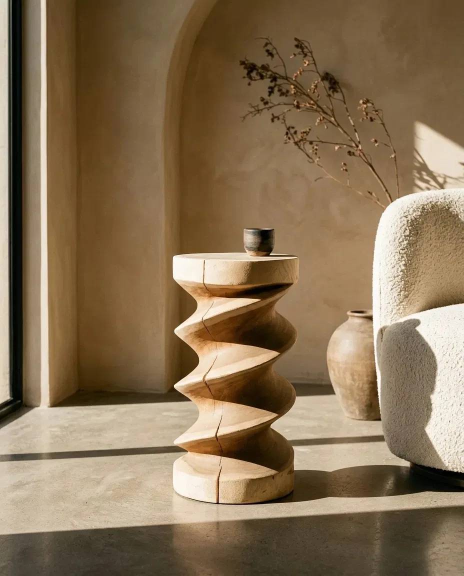 Spiral side table beside a bouclé chair in warm light