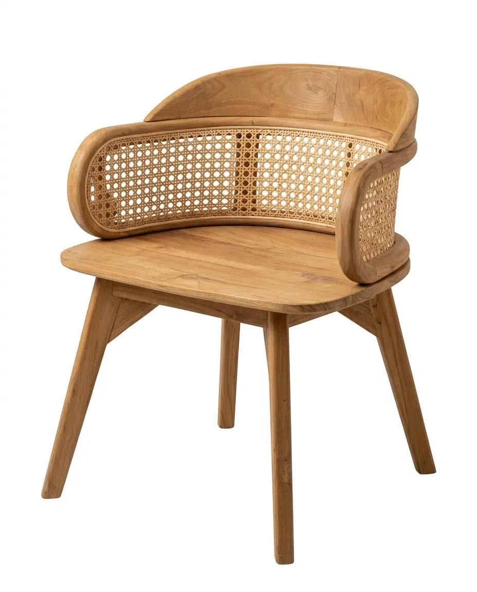 Low-back dining chair with curved cane band and solid teak seat, three-quarter view