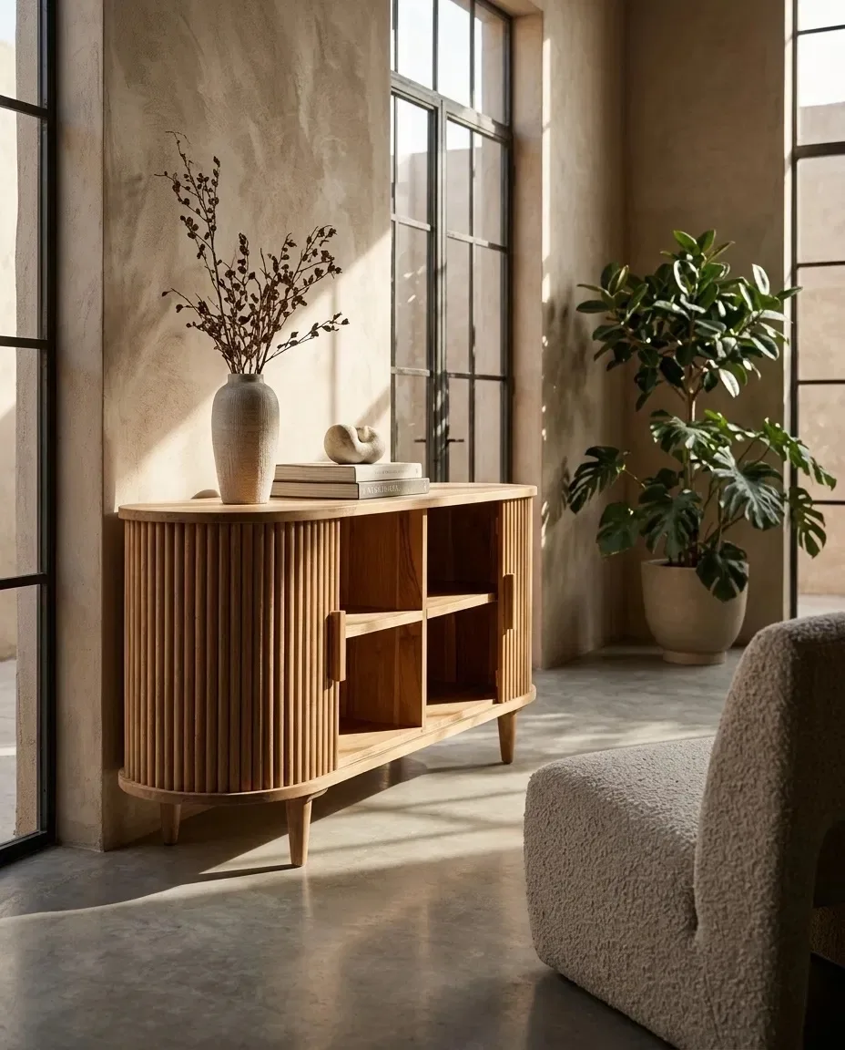 Tambour sideboard with a vase and plant in a sunlit room