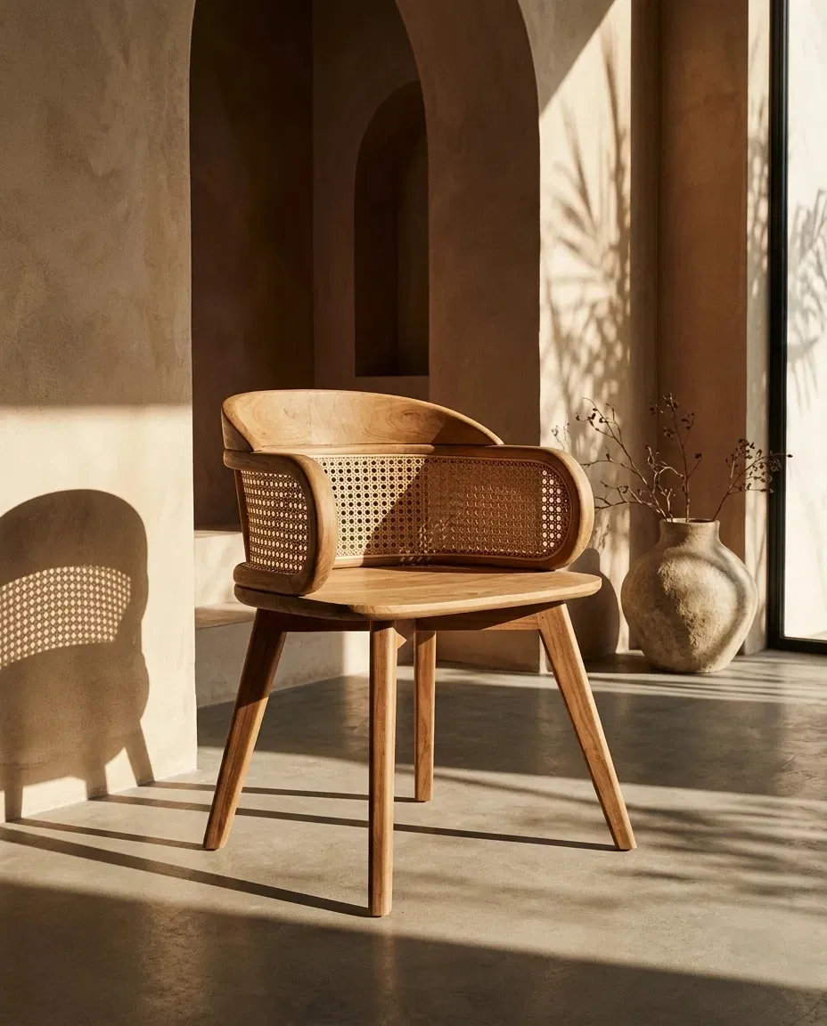 Cane wrap-back chair in an arched room with warm light