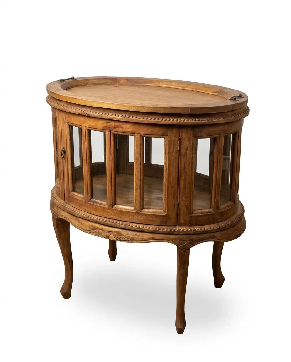 Oval wooden display cabinet with glass panels and curved legs, front view