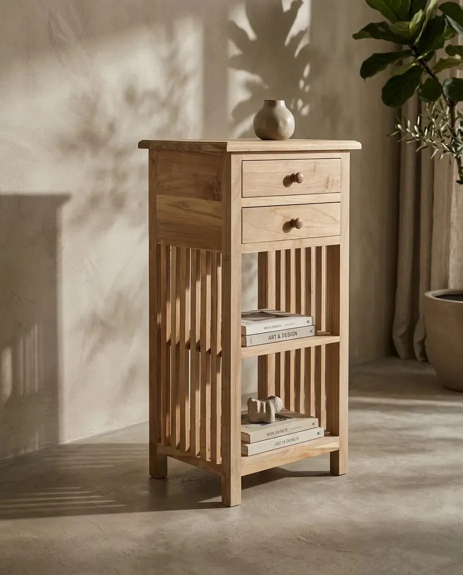 Tall slatted nightstand with books and a vase in sunlight