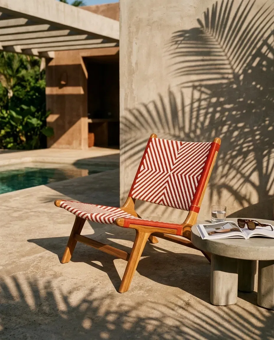 Red-and-white woven lounge chair by a pool with palm shadows