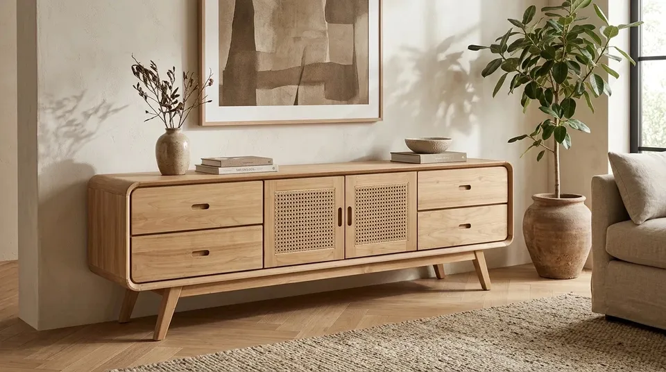 Cane-door TV console beneath artwork in a living room