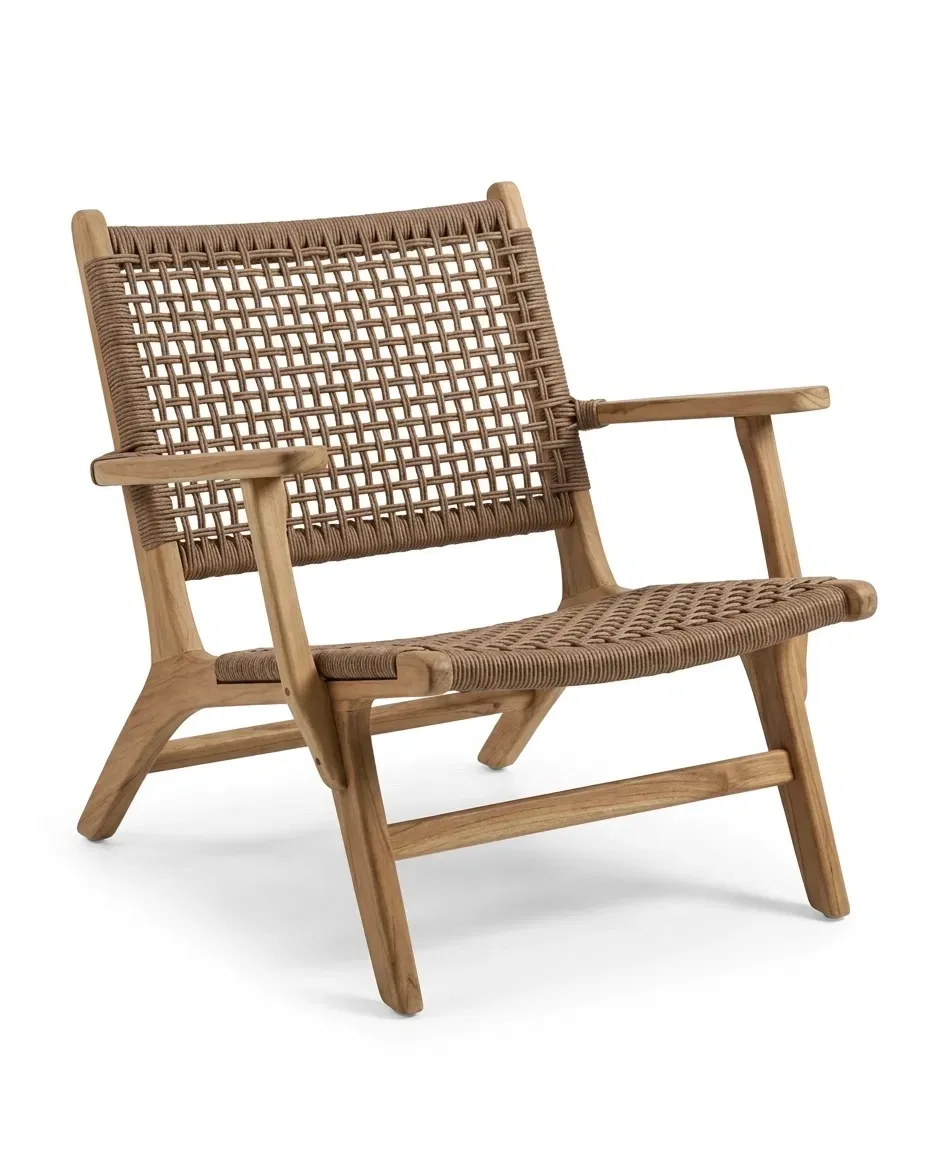 Lounge armchair with woven cord seat and back, three-quarter view