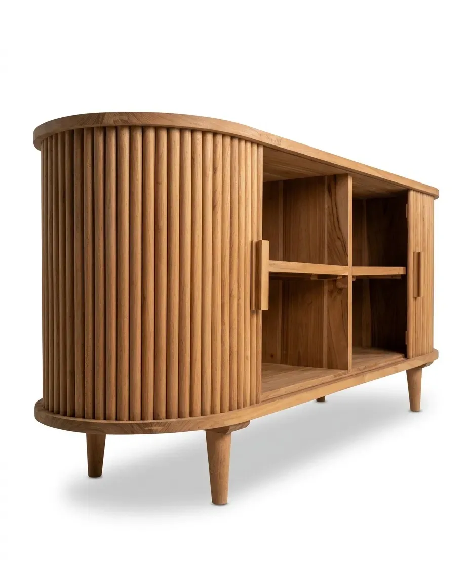 Tambour-door sideboard with rounded ends and open shelves, three-quarter view