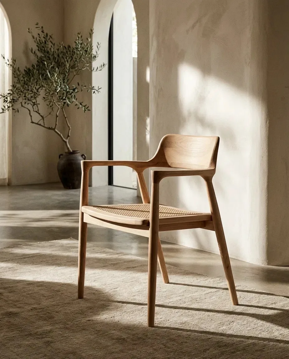 Cane-seat dining armchair in an arched room with an olive tree