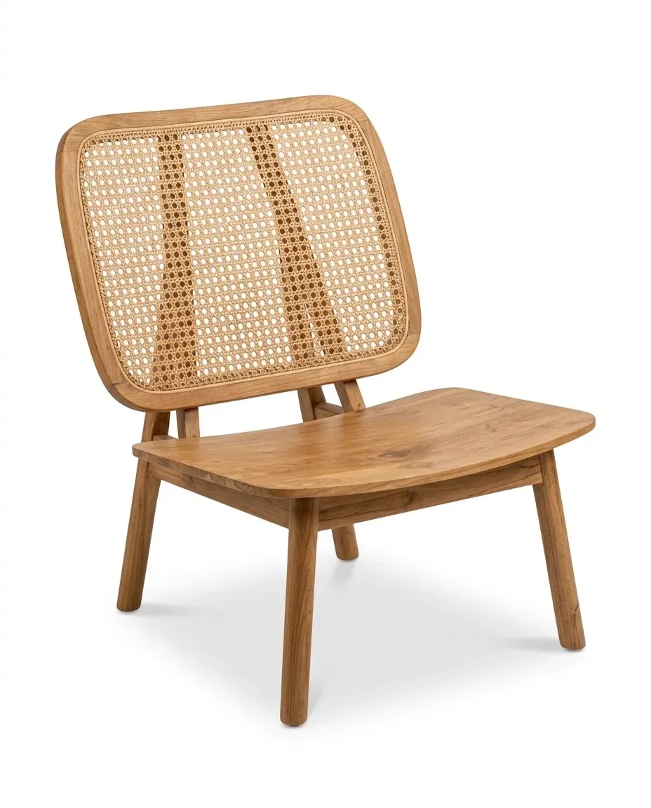 Low lounge chair with cane-webbed back and solid teak seat, three-quarter view