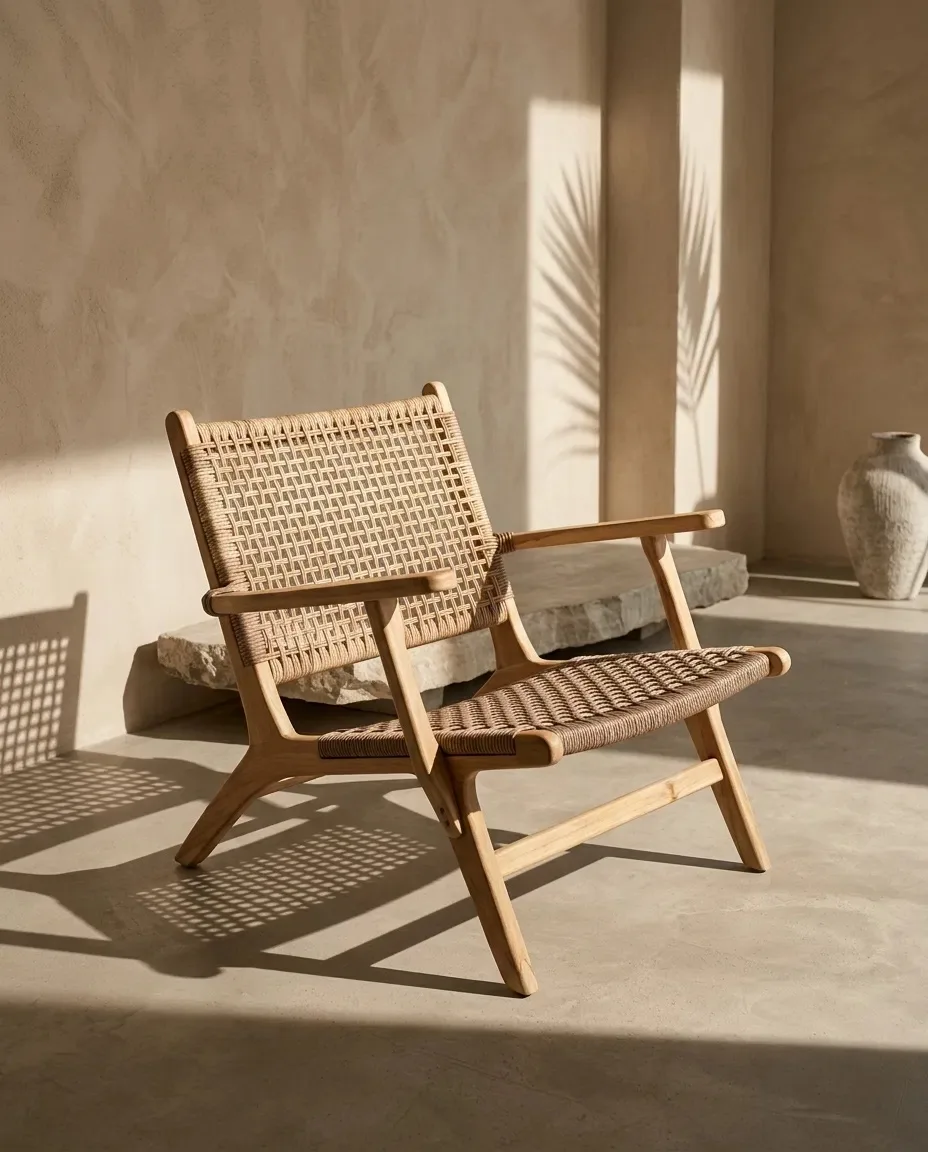 Woven lounge armchair against a plaster wall in sunlight