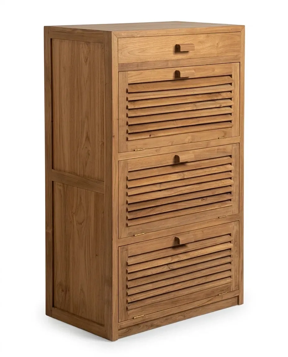 Tall louvered shoe cabinet with top drawer, three-quarter view