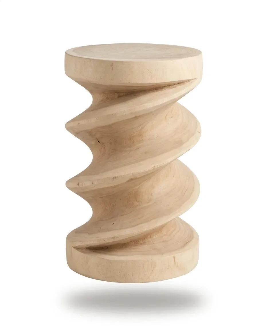 Carved spiral solid teak side table, front view