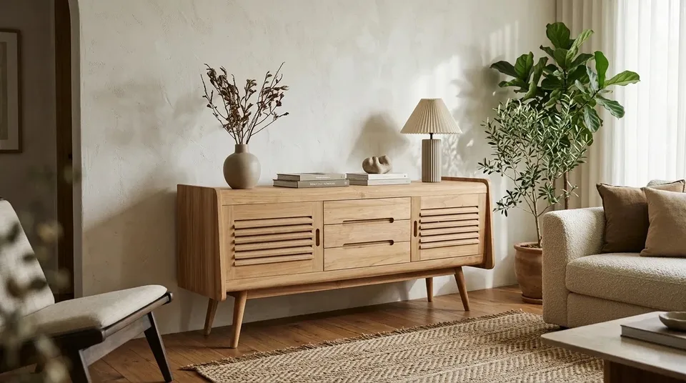 Louvered console cabinet in a living room with a lamp