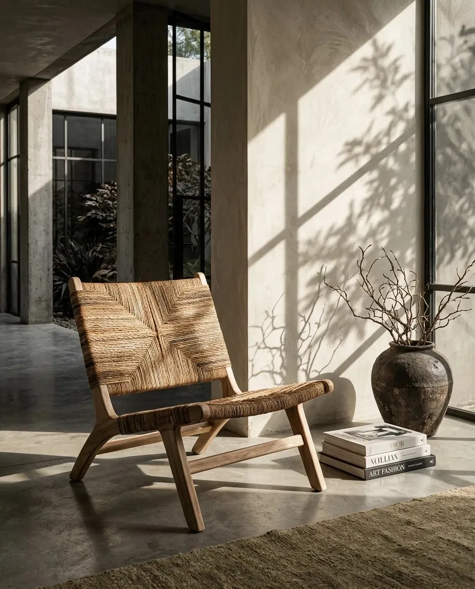 Woven fiber lounge chair beside a dark vase in sunlight