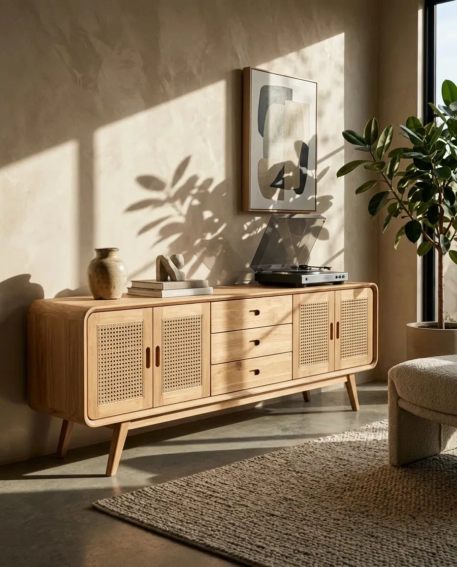Cane-door TV console with a record player and artwork