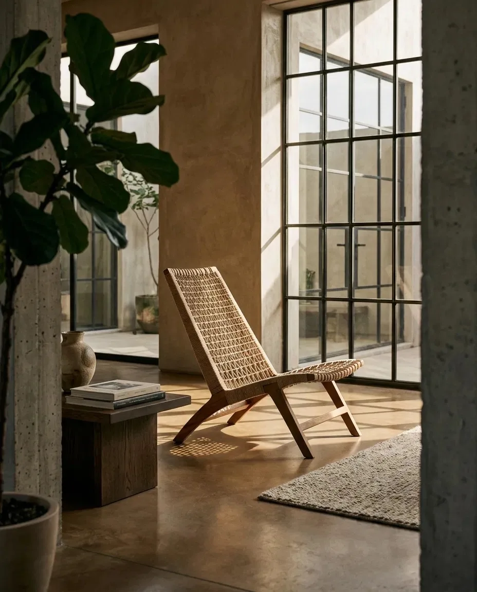 Rope lounge chair beside a large plant and steel-framed doors