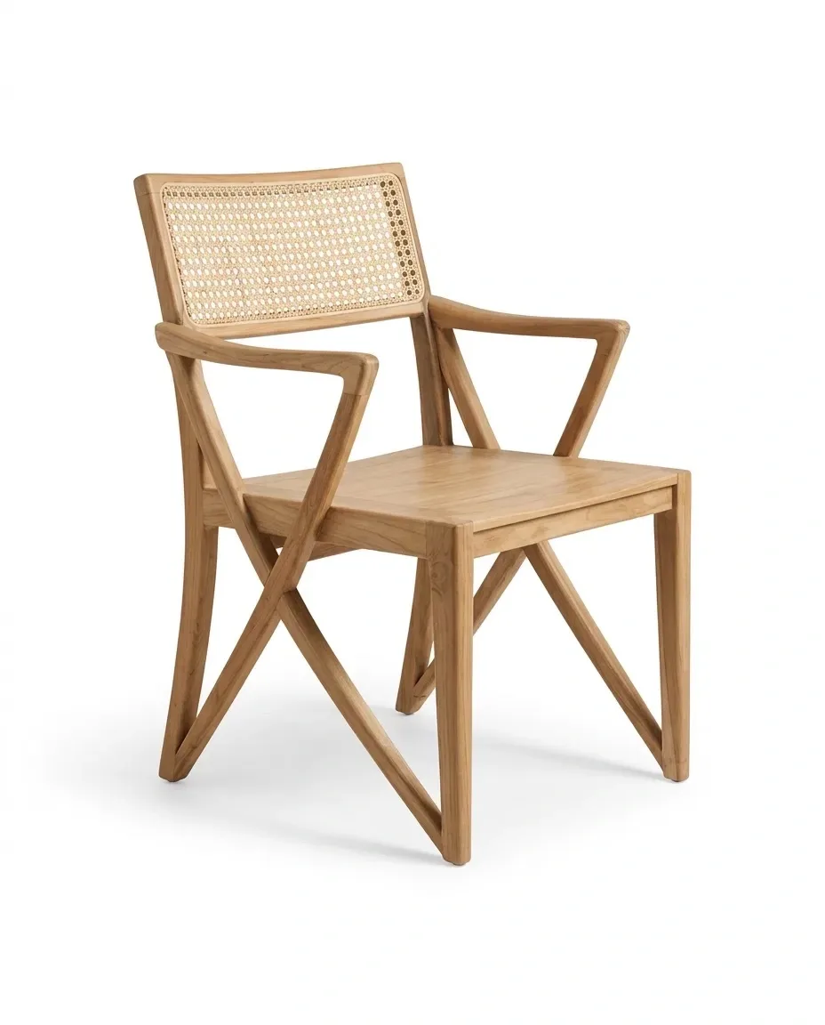 Dining armchair with cane back and X-shaped crossed legs, three-quarter view
