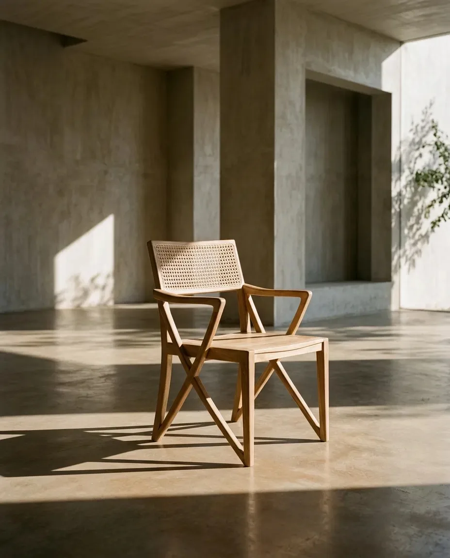X-frame cane armchair in a large concrete room