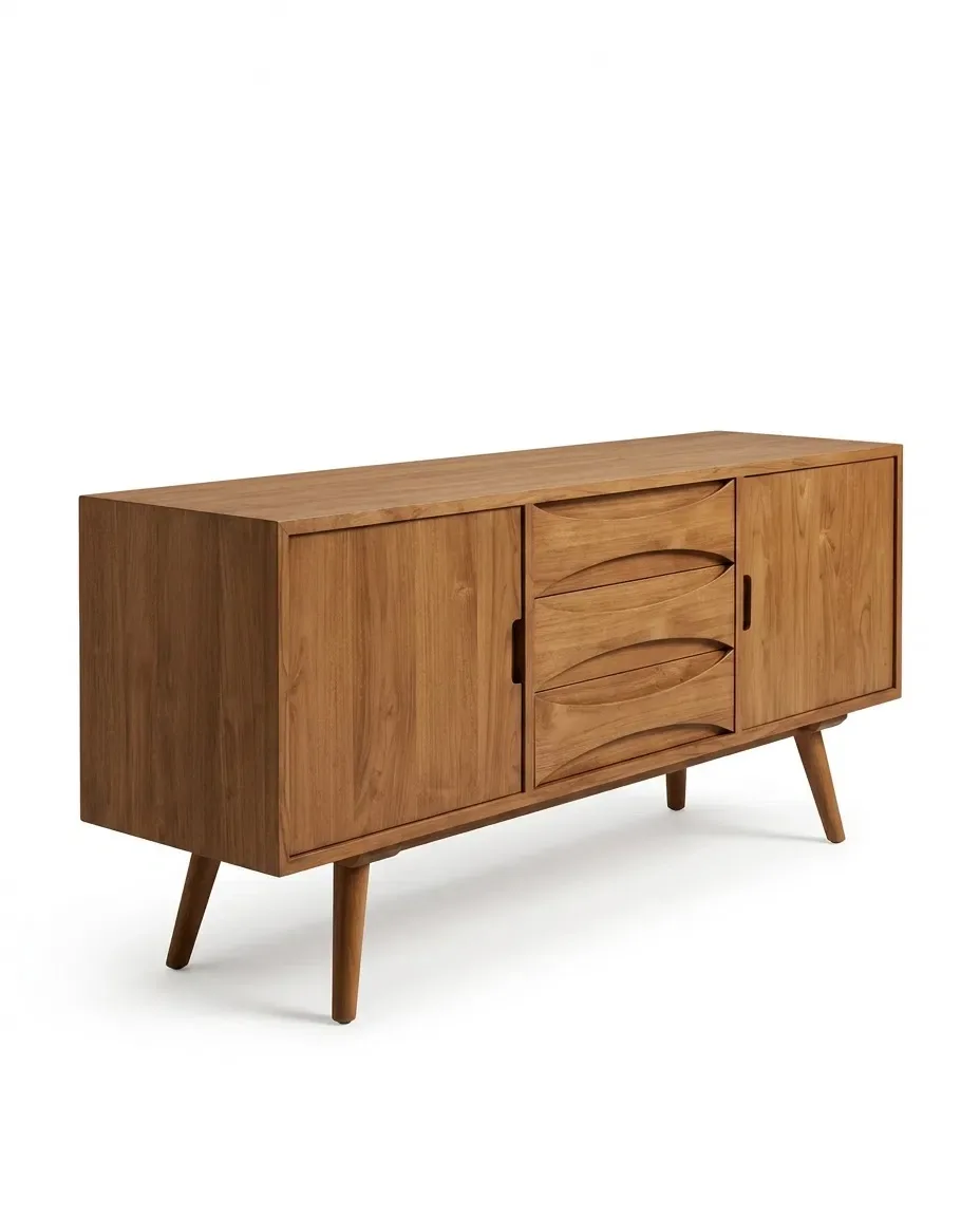 Solid teak sideboard with sliding doors and three curved drawers, three-quarter view