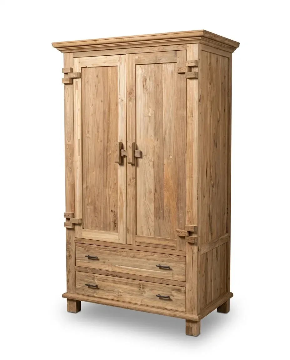 Two-door solid teak wardrobe with two drawers, three-quarter view