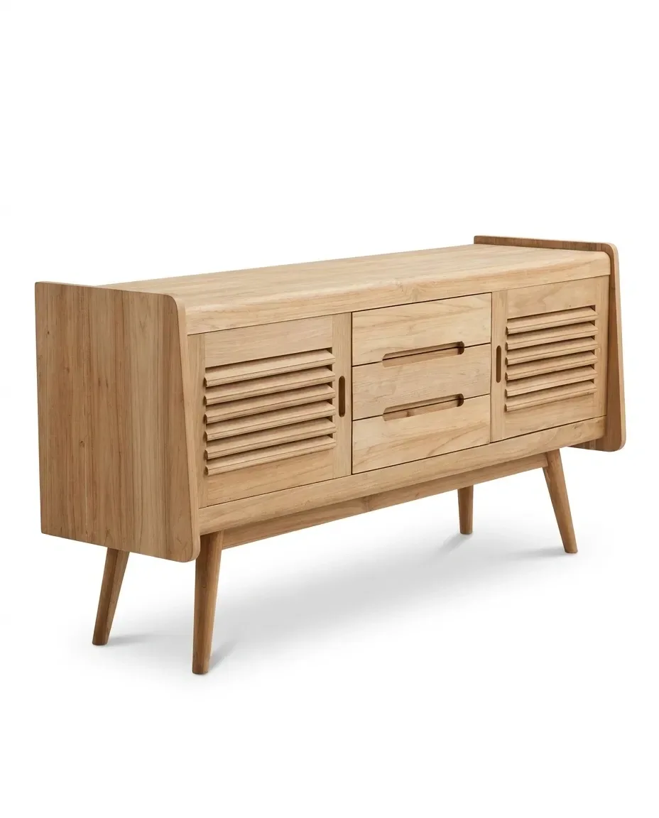Console cabinet with louvered side doors and two drawers, three-quarter view