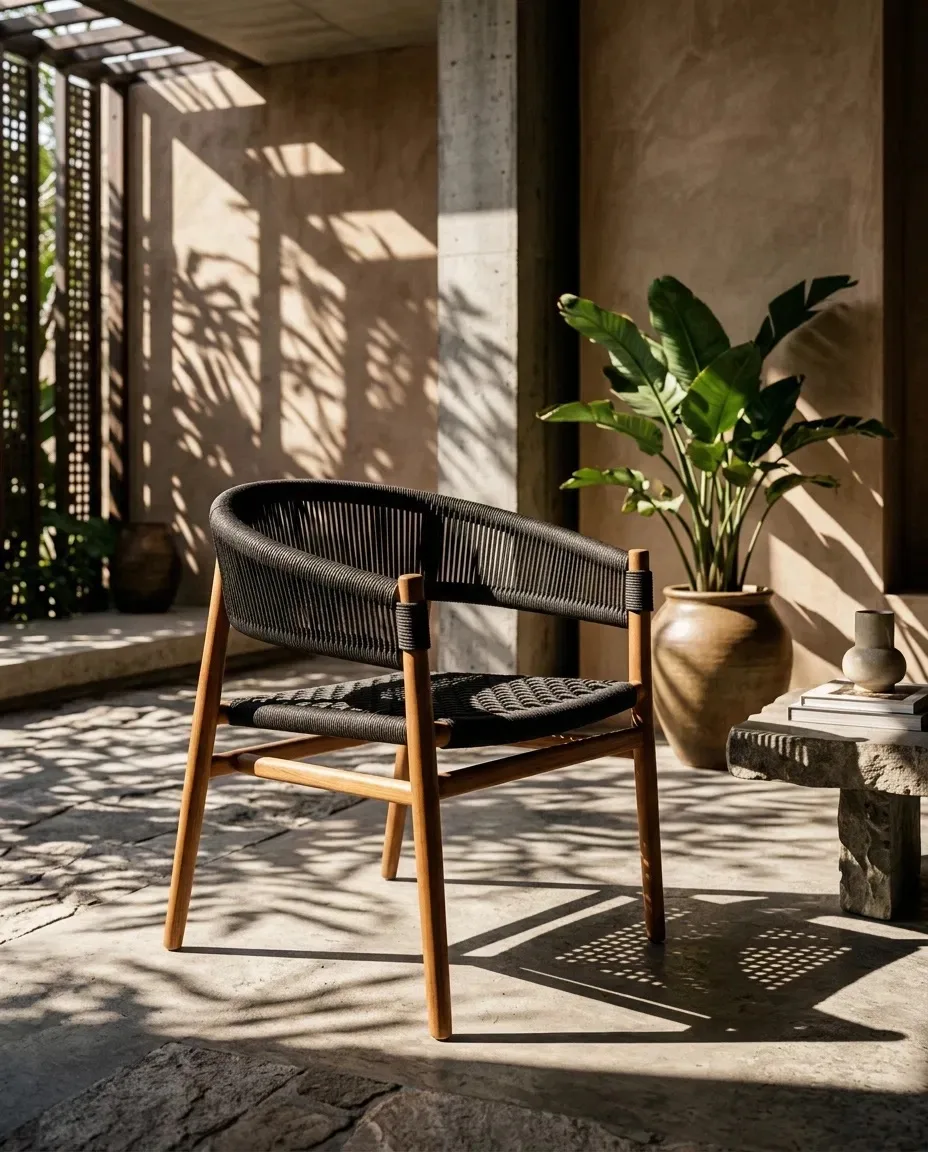 Black rope armchair in a sunlit room with a large planter