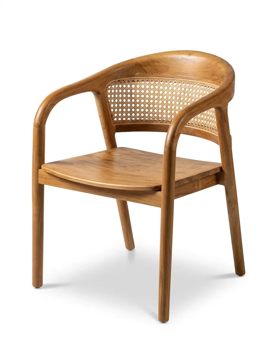 Round-back armchair with cane band and solid teak seat, three-quarter view