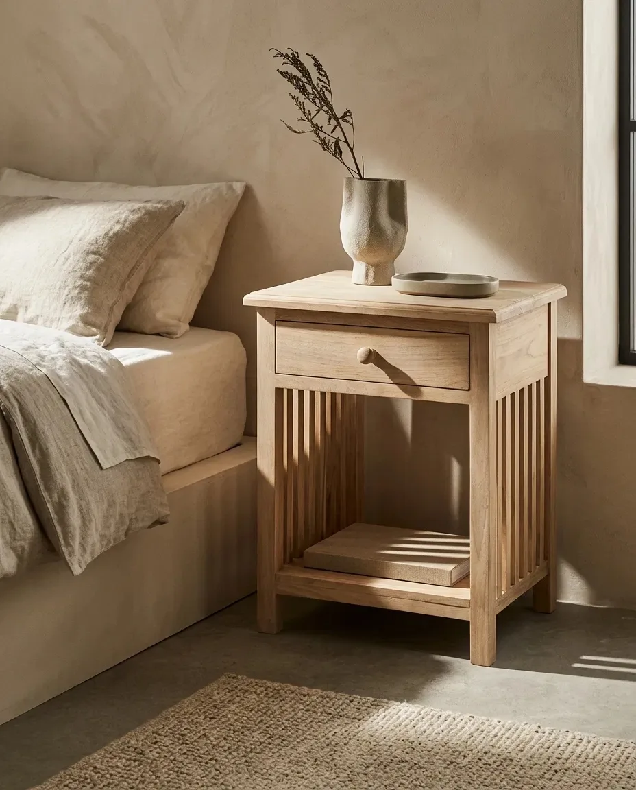 Slatted nightstand beside a bed with linen bedding