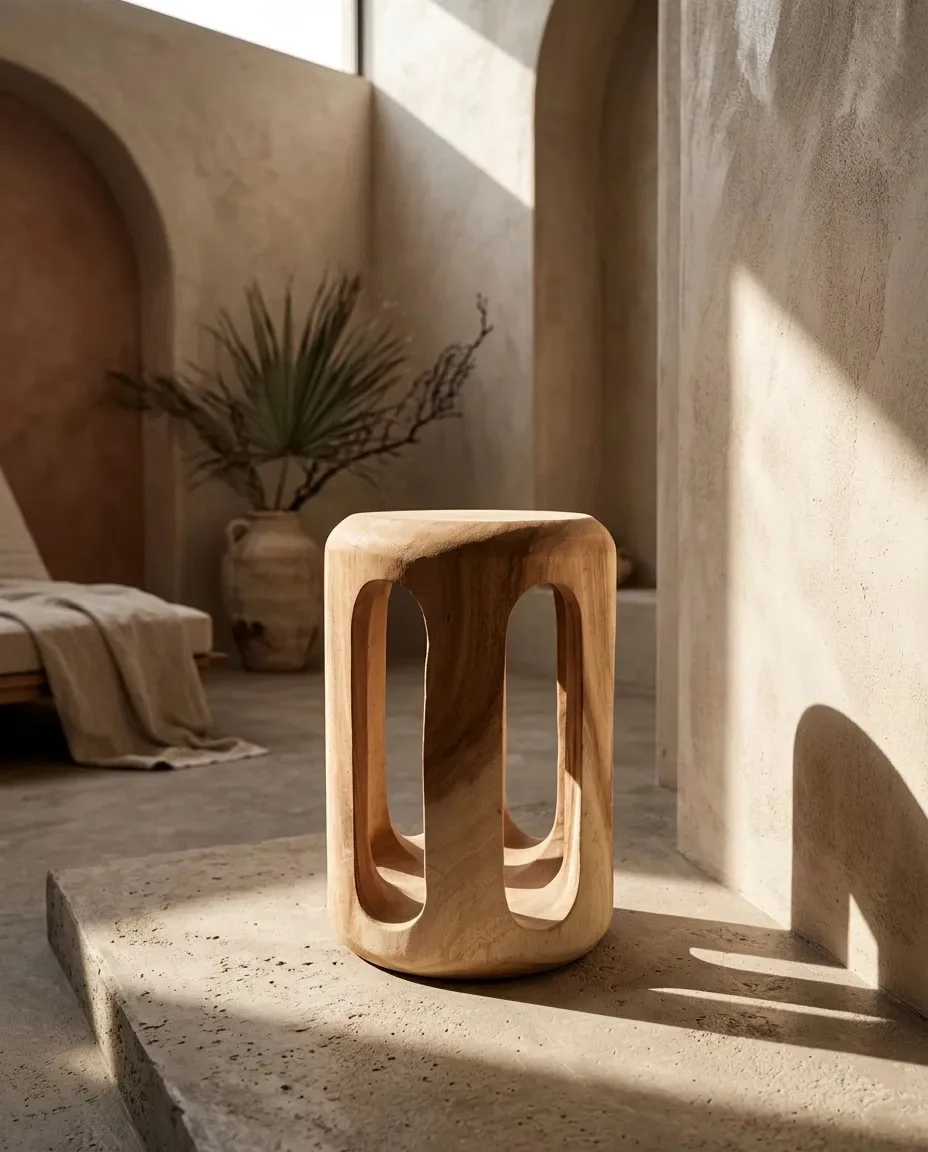 Carved cylinder stool in a plaster interior with arched doorway
