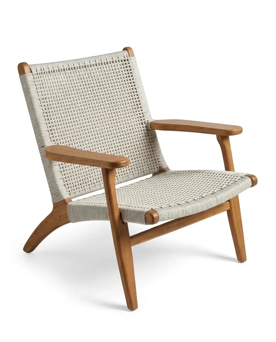 Lounge armchair with light gray woven-cord seat and back, three-quarter view