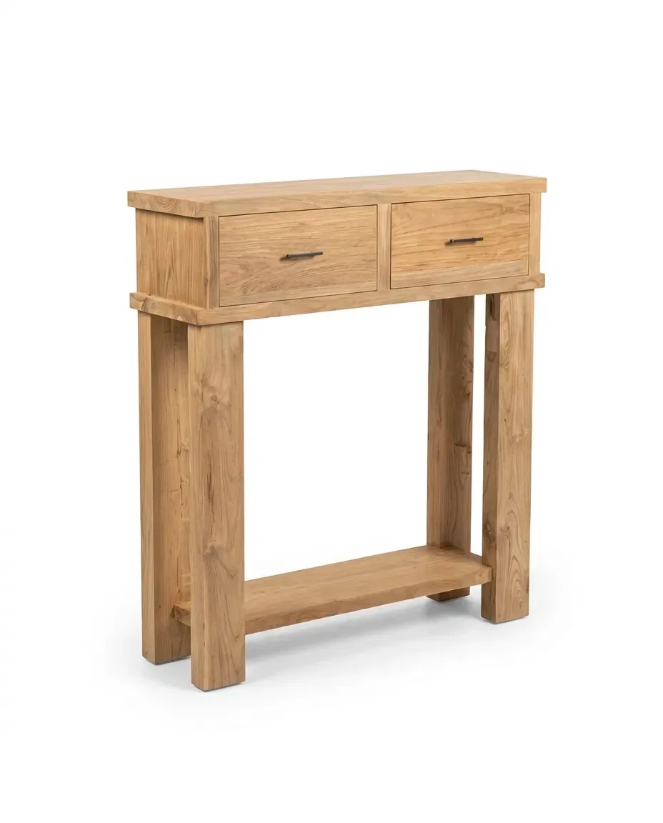 Narrow two-drawer console with lower shelf, three-quarter view