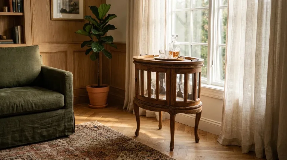 Oval display cabinet by a window next to a green sofa