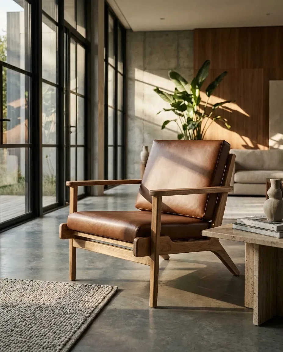 Tan cushioned lounge armchair by tall steel-framed windows