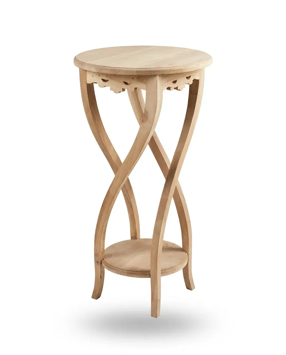 Pedestal table with carved apron and curving crossed legs, front view
