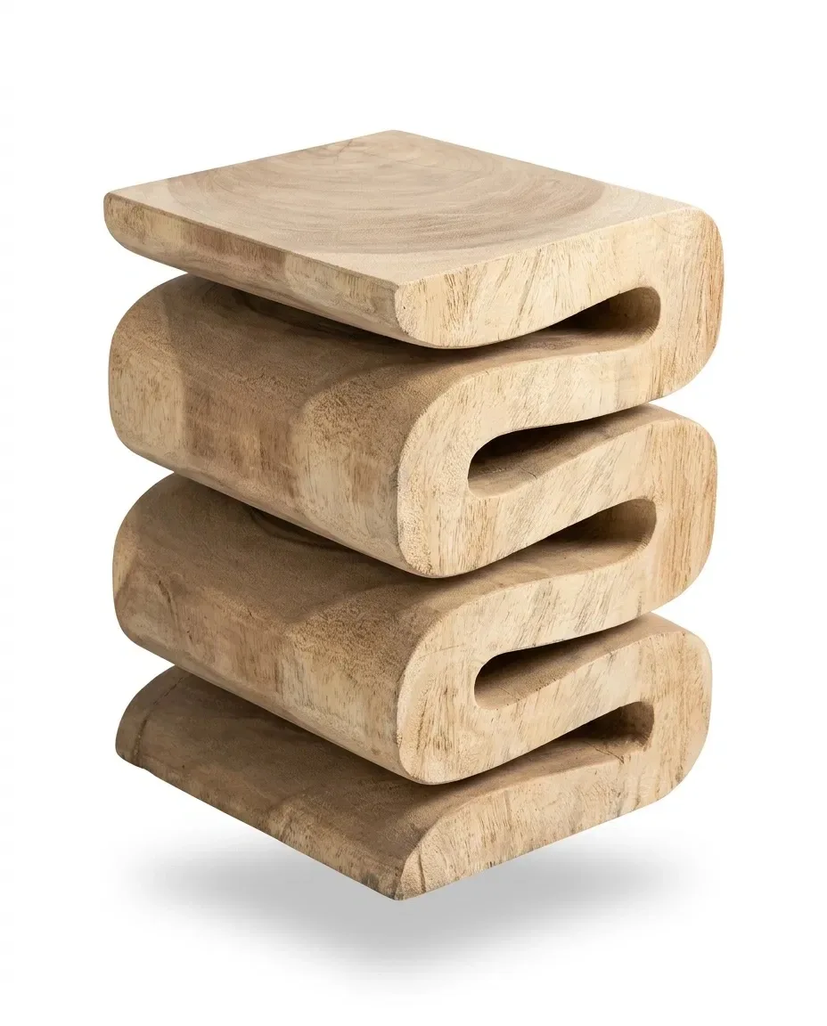 Carved wave-form solid teak side table, three-quarter view