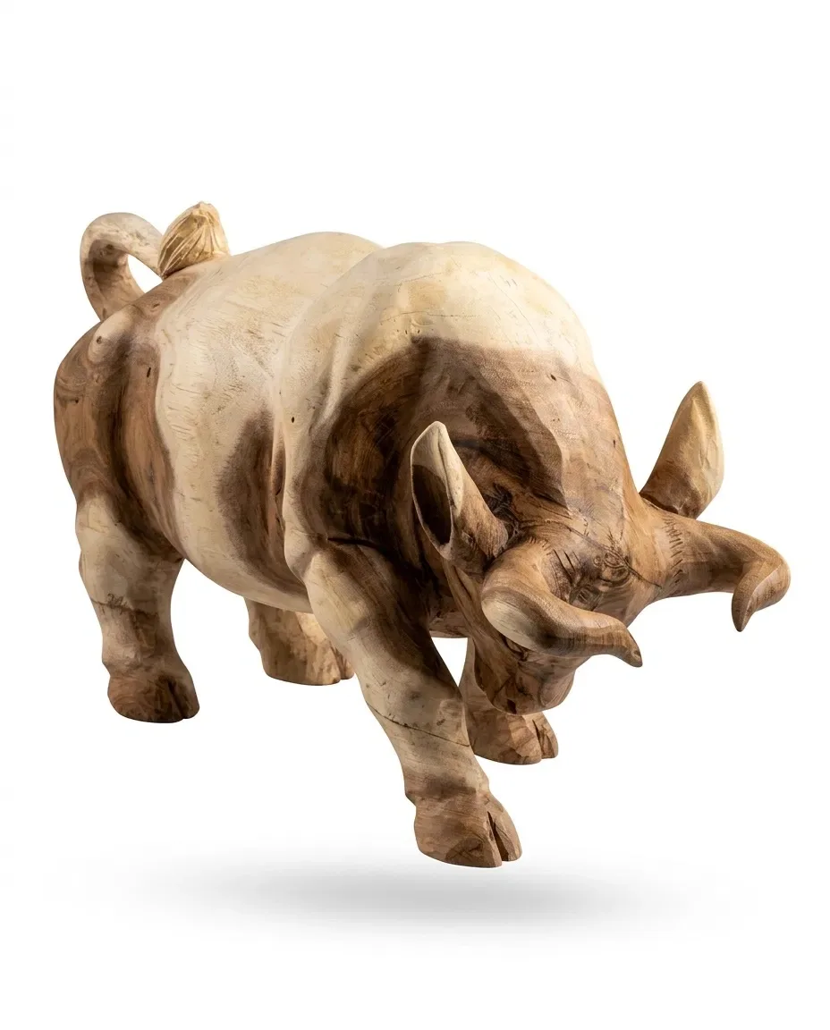 Hand-carved wooden bull with lowered head and curved horns, three-quarter view