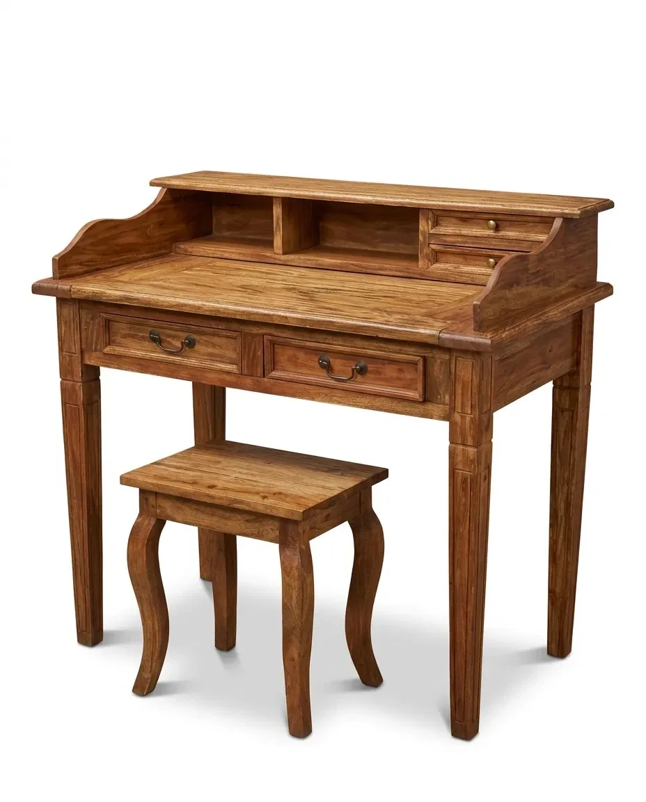 Solid teak writing desk with raised back shelf unit, shown with a stool