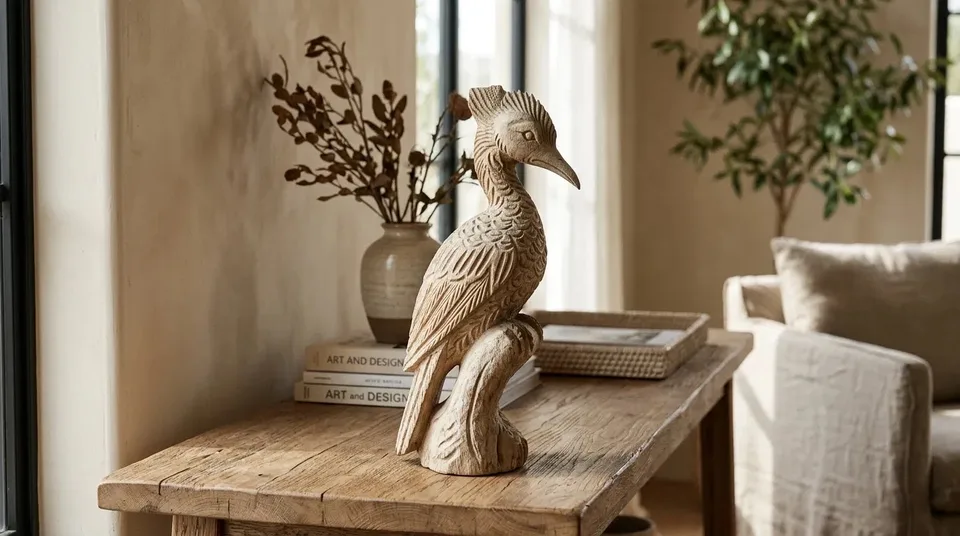 Carved wooden bird on a rustic wood console by a window