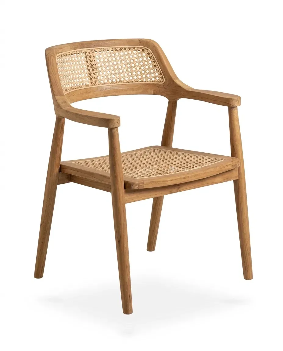 Cane dining armchair with curved backrest and cane seat, three-quarter view